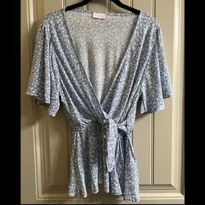 Pink Lily white and blue floral wrap top